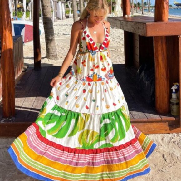 NWT Farm Rio Mixed Picnic Vibrant & Sexy Low Cut Summer Maxi Dress Size L - Picture 4 of 16